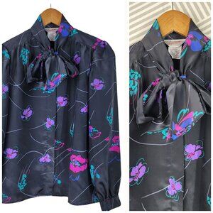 Vintage 80s Top Buisness Secretary Size 8 Medium Bow Tie Black Floral